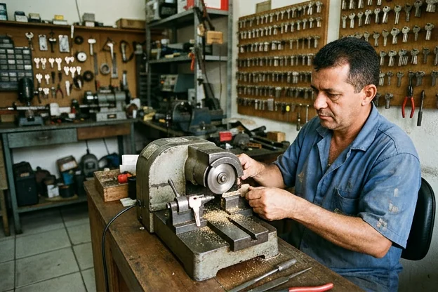 Chaveiro copiando uma chave com máquina eficiente.