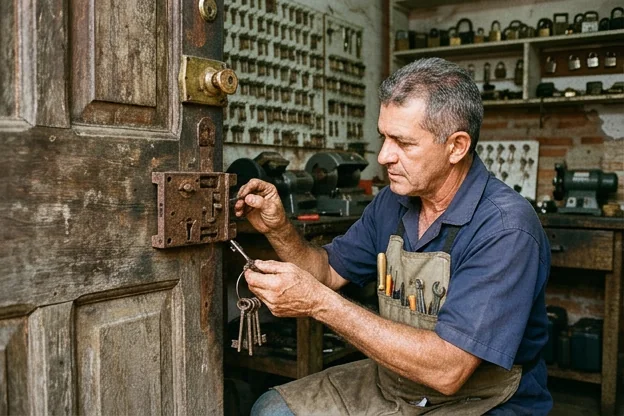 Chaveiro em Caxias analisando fechaduras antigas para troca.