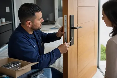 Chaveiro instalando uma nova fechadura em uma porta em Caxias.